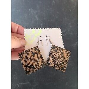 Handpainted Bohemian Wooden Square Shaped Dangling Earrings Vintage NOS